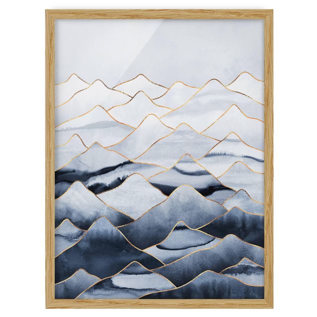 Gerahmte Bilder Landschaften Aquarell Berge Weiß Gold