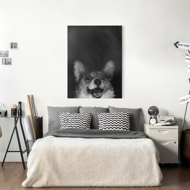 Leinwand Katze Illustration Hund Corgi Malerei Schwarz Weiß