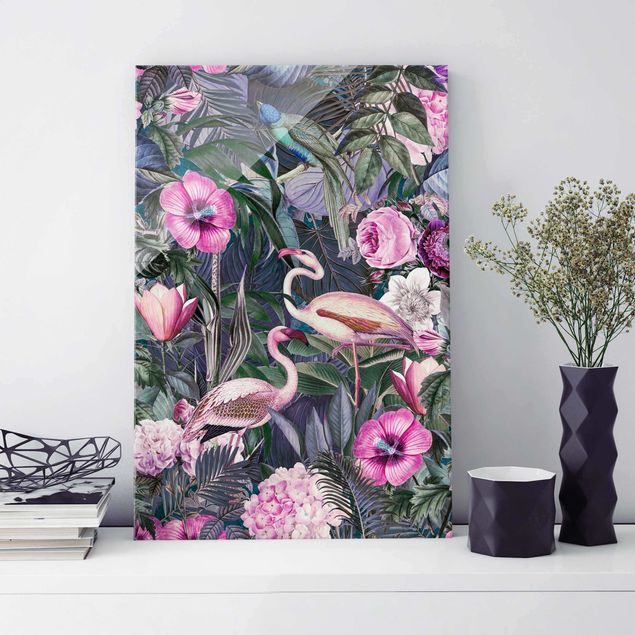 Glasbilder Rosen Bunte Collage - Pinke Flamingos im Dschungel