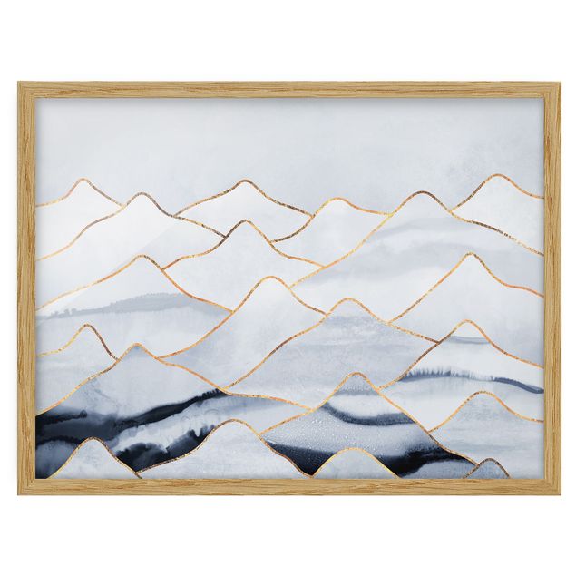 Landschaftsbilder mit Rahmen Aquarell Berge Weiß Gold
