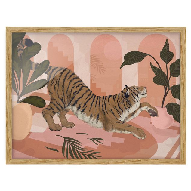 Wandbilder Kunstdrucke Illustration Tiger in Pastell Rosa Malerei