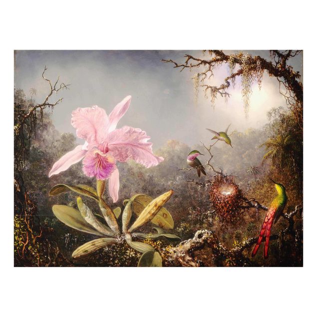 Glasbilder Blumen Martin Johnson Heade - Orchidee und drei Kolibris