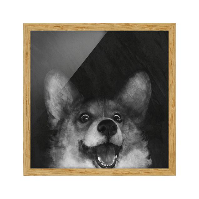 Tierbilder mit Rahmen Illustration Hund Corgi Malerei Schwarz Weiß