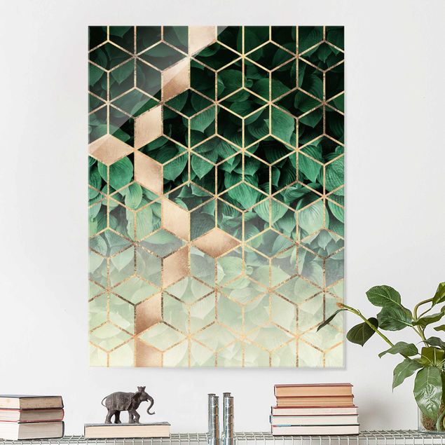 Glas Wandbilder Grüne Blätter goldene Geometrie