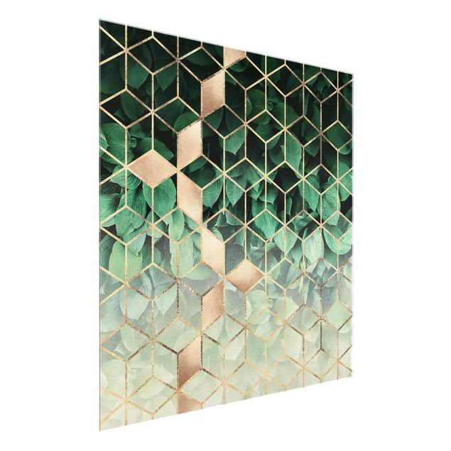 Glasbild Abstakt Grüne Blätter goldene Geometrie