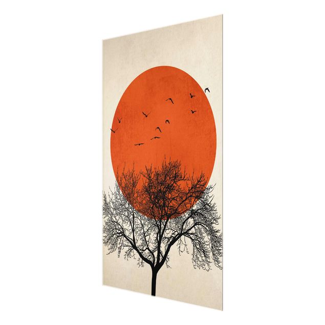 Wandbilder Kunstdrucke Vogelschwarm vor roter Sonne II