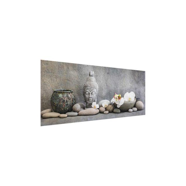 Glasbild Buddha Zen Buddha mit weißen Orchideen