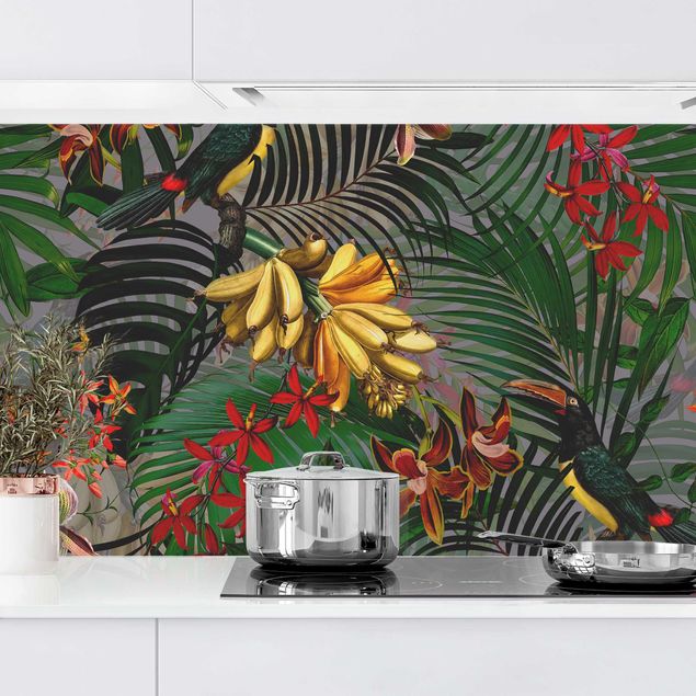 Küchenrückwand Folie Blumen Tropische Farne mit Tucan Grün II