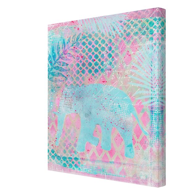 Wandbilder Floral Bunte Collage - Elefant in Blau und Rosa