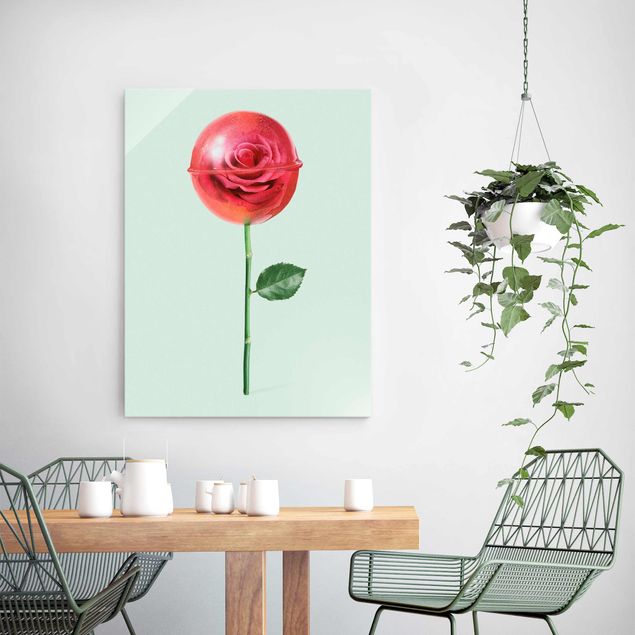 Glasbilder Blumen Motive Rose mit Lollipop