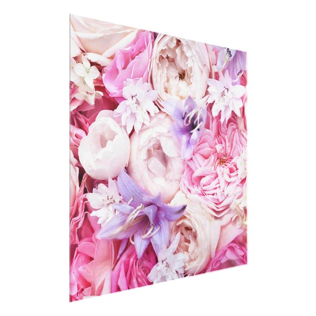 Glasbilder Blumen Shabby Rosen mit Glockenblumen