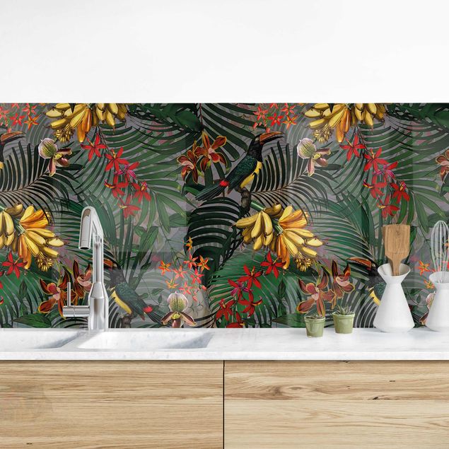 Küchenrückwand Folie Blumen Tropische Farne mit Tucan Grün I