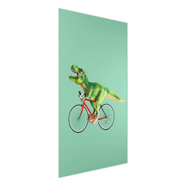 Glasbilder Tiere Dinosaurier mit Fahrrad