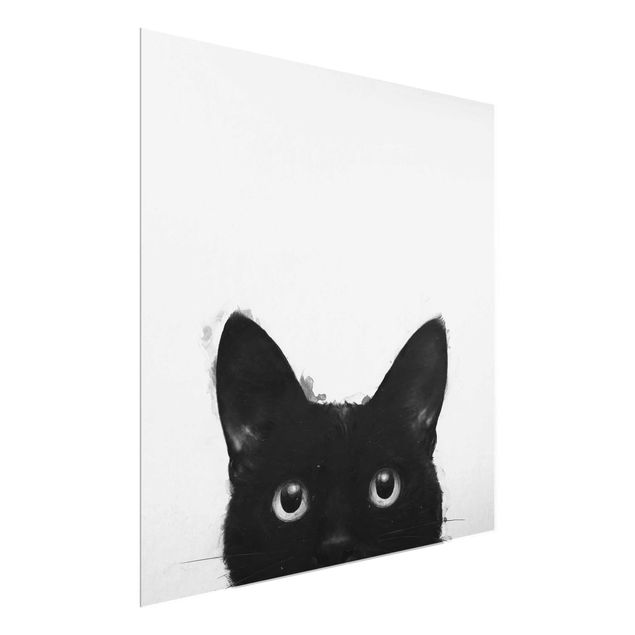 Glasbild schwarz-weiß Illustration Schwarze Katze auf Weiß Malerei