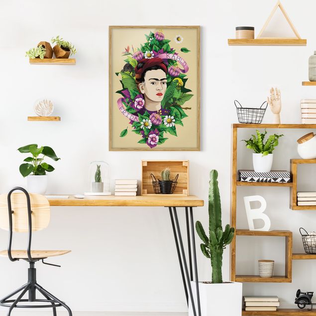gerahmte Blumenbilder Frida Kahlo - Frida, Äffchen und Papagei