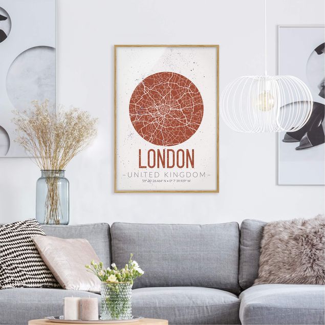 gerahmte Bilder schwarz-weiß Stadtplan London - Retro