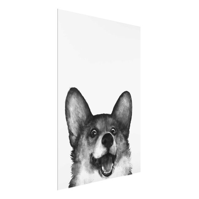 schwarz weiß Glasbilder Illustration Hund Corgi Weiß Schwarz Malerei