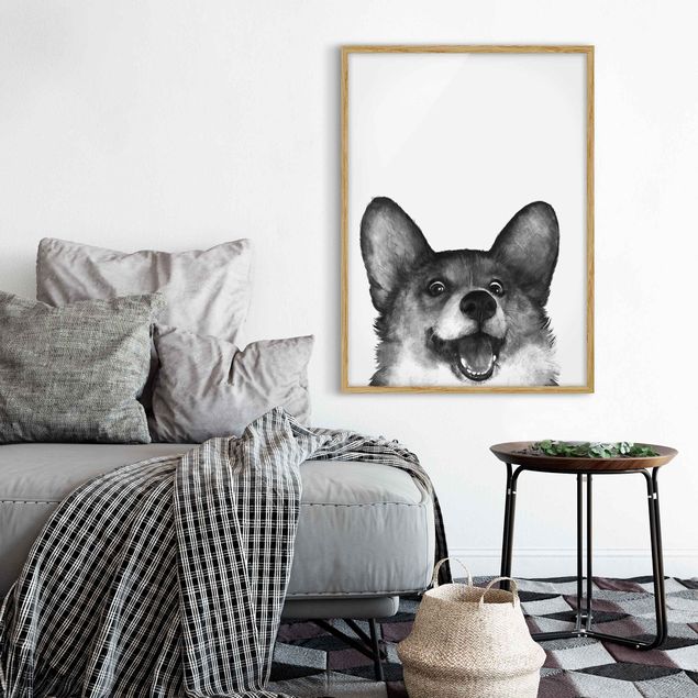 Wandbilder Hunde Illustration Hund Corgi Weiß Schwarz Malerei