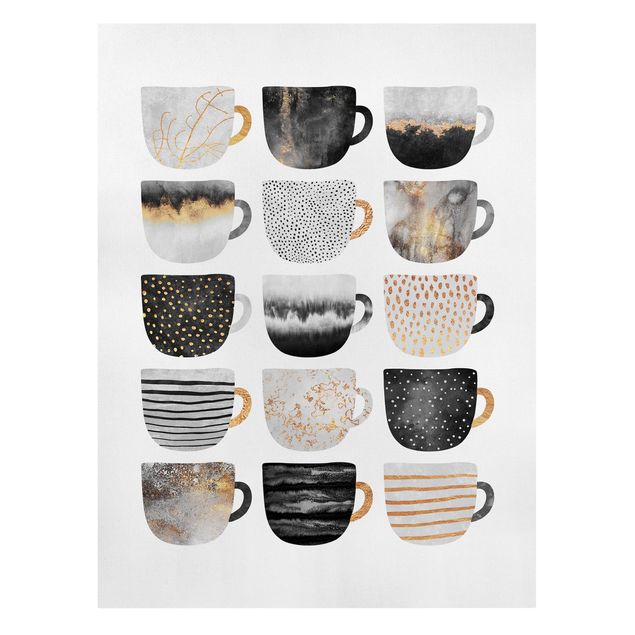 Cafe Bilder auf Leinwand Goldene Tassen Schwarz Weiß