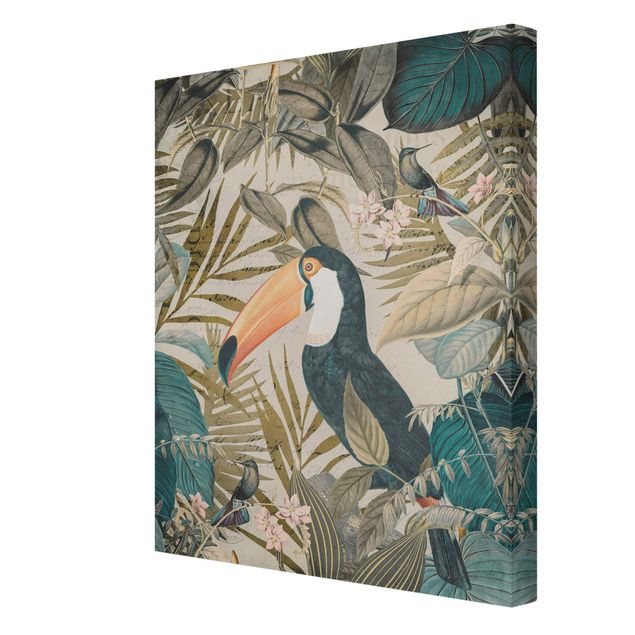 Wandbilder Blumen Vintage Collage - Tukan im Dschungel