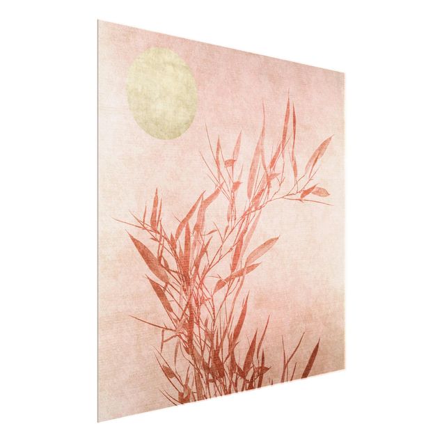 Wandbilder Glas Natur Goldene Sonne mit Rosa Bambus