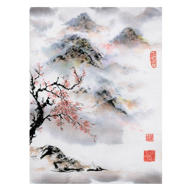Wandbilder Landschaften Japanische Aquarell Zeichnung Kirschbaum und Berge