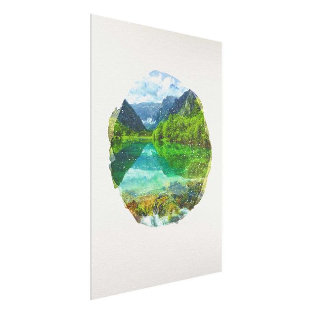 Wandbilder Berge Wasserfarben - Bergsee mit Spiegelung