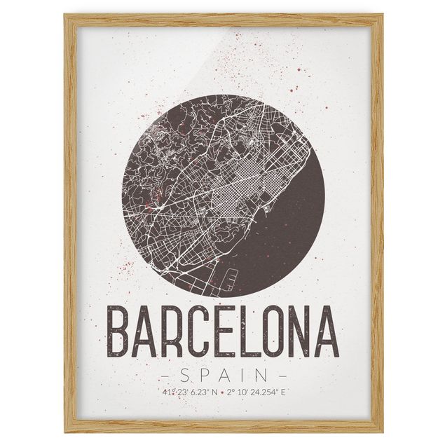 Weltkarten mit Rahmen Stadtplan Barcelona - Retro
