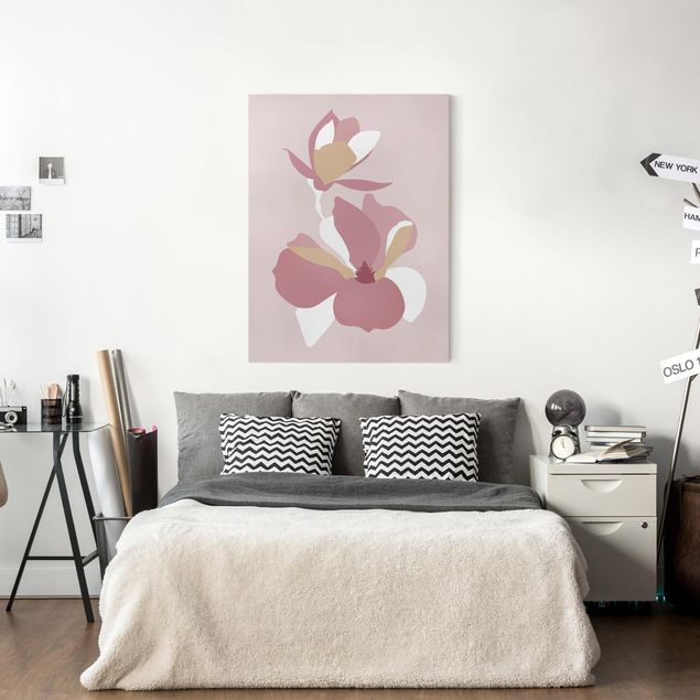 Blumenbilder auf Leinwand Line Art Blüten Pastell Rosa