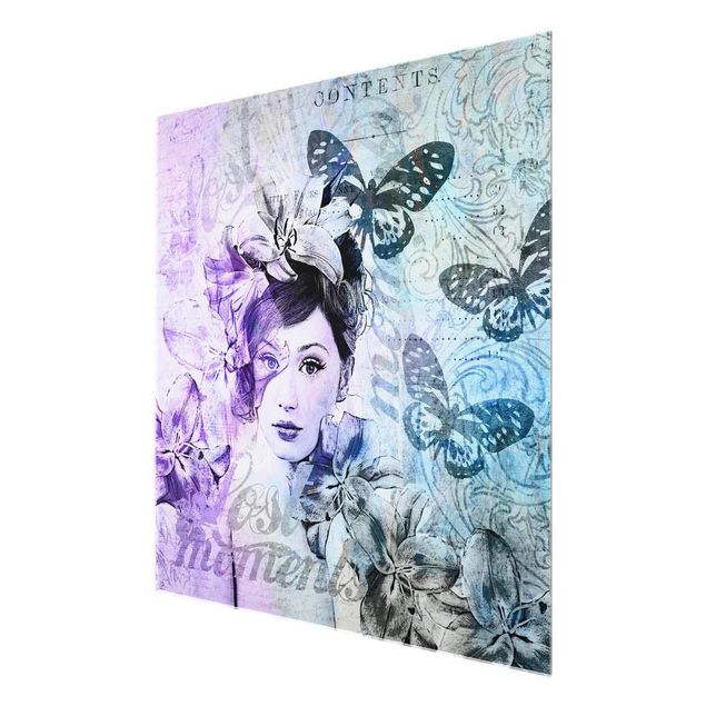 Wandbilder Lila Shabby Chic Collage - Portrait mit Schmetterlingen