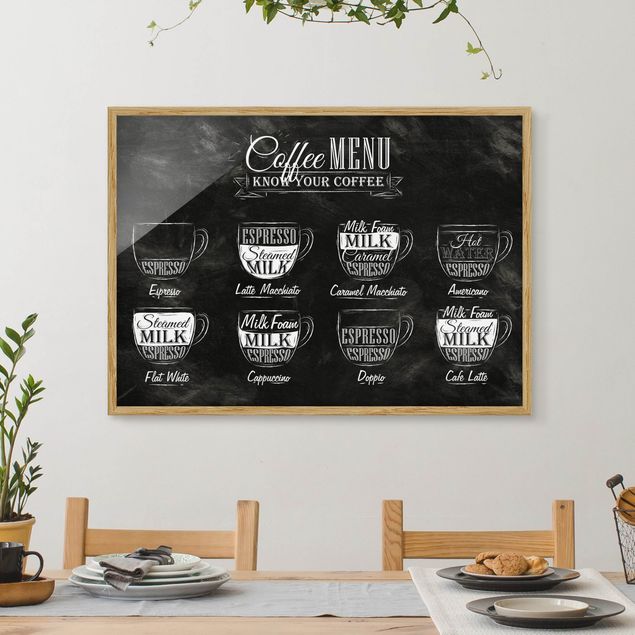 schwarz-weiß Bilder gerahmt Kaffeesorten Kreidetafel