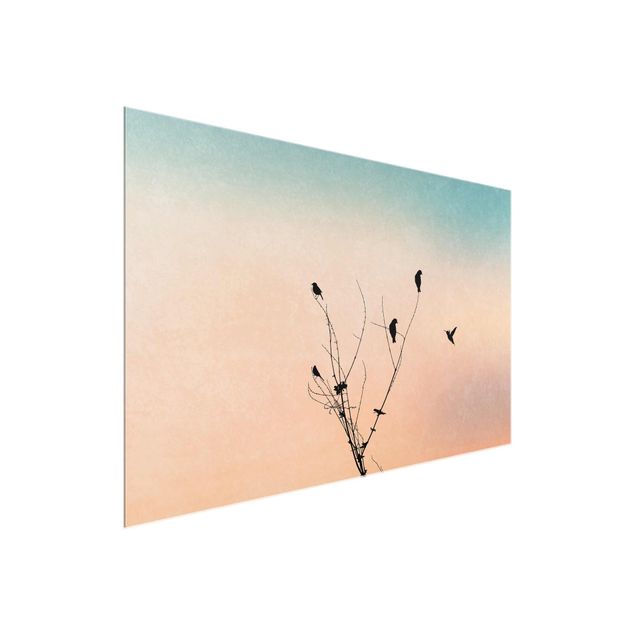 Glasbilder Landschaften Vögel vor rosa Sonne II