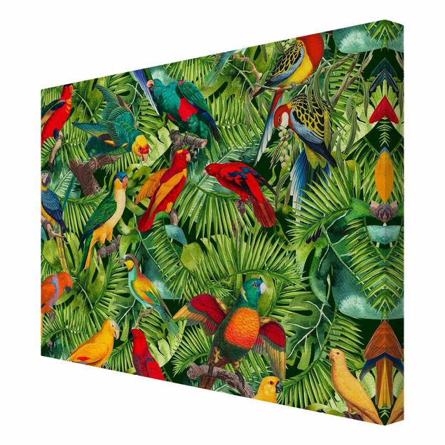 Wandbilder Blumen Bunte Collage - Papageien im Dschungel