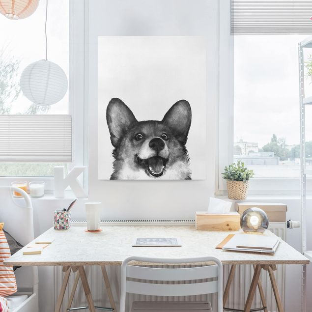 Leinwandbild Hund Illustration Hund Corgi Weiß Schwarz Malerei