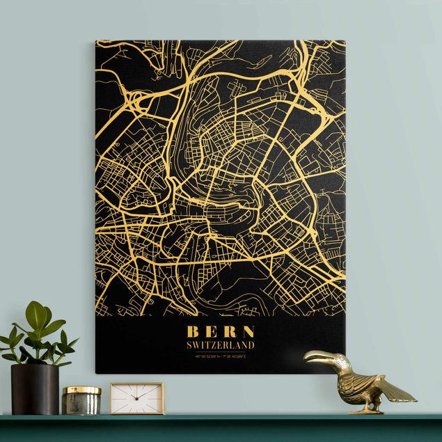 Wandbilder Weltkarten Stadtplan Bern - Klassik Schwarz