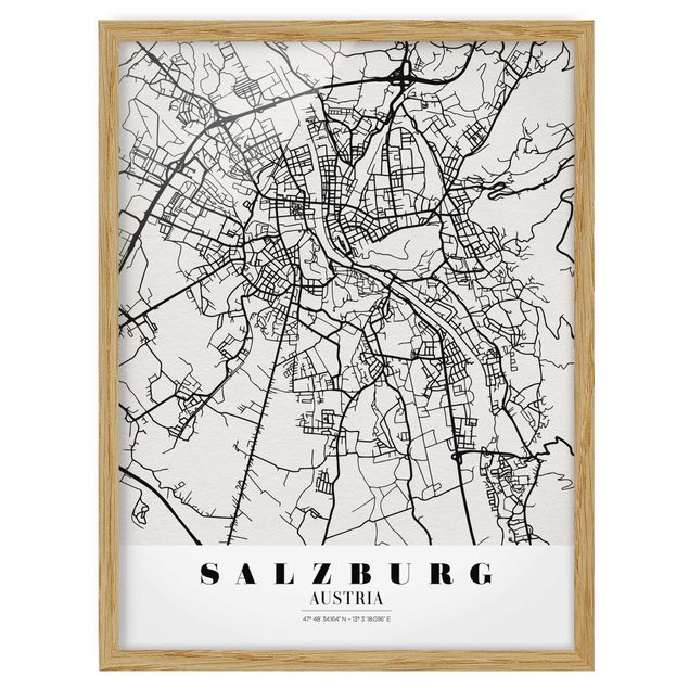 Weltkarte mit Bilderrahmen Stadtplan Salzburg - Klassik