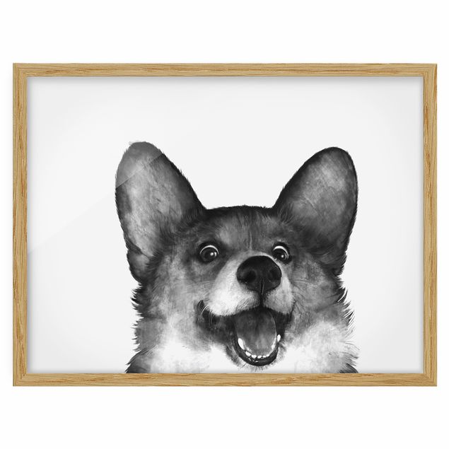 Gerahmte Bilder Tiere Illustration Hund Corgi Weiß Schwarz Malerei