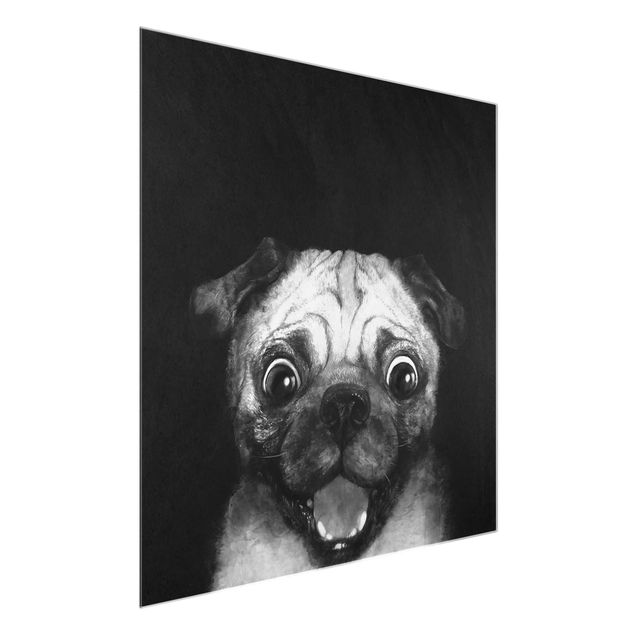 schwarz weiß Glasbilder Illustration Hund Mops Malerei auf Schwarz Weiß