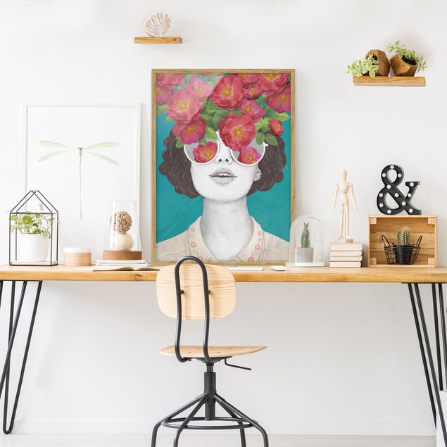 Wandbilder Portrait Illustration Portrait Frau Collage mit Blumen Brille