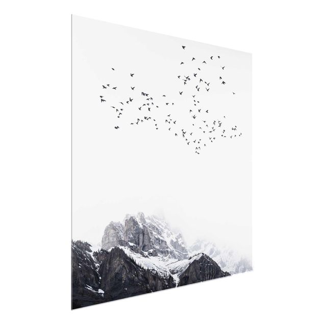 Wandbilder Landschaften Vogelschwarm vor Bergen Schwarz Weiß