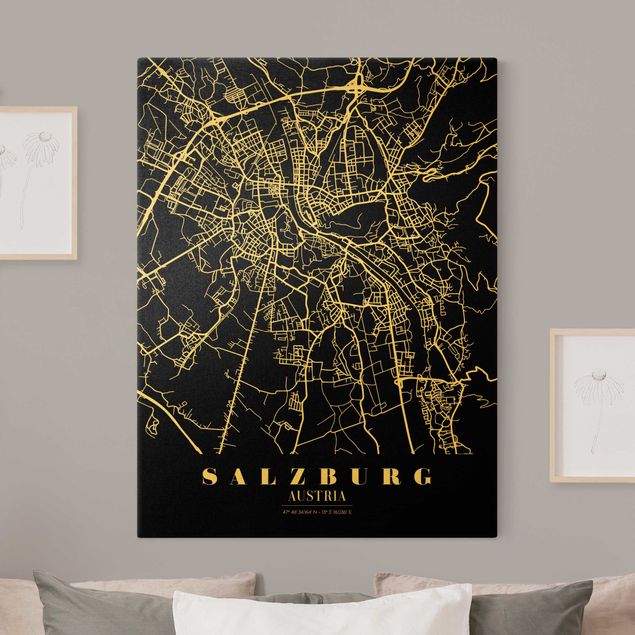 Wandbilder Weltkarten Stadtplan Salzburg - Klassik Schwarz