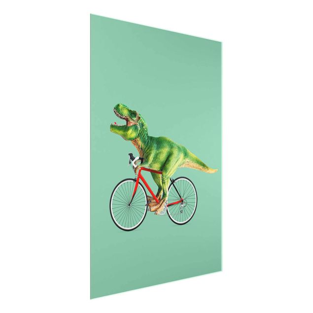 Glasbilder Tiere Dinosaurier mit Fahrrad