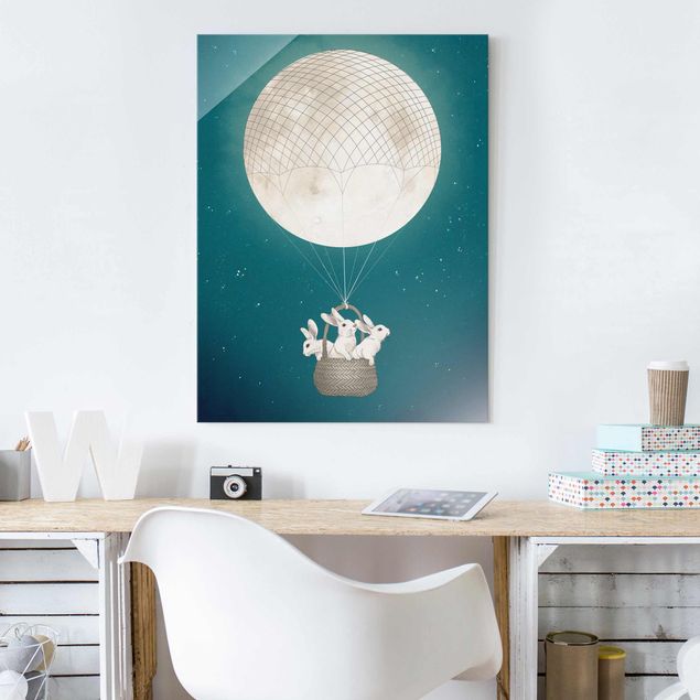 Küchen Deko Illustration Hasen Mond-Heißluftballon Sternenhimmel