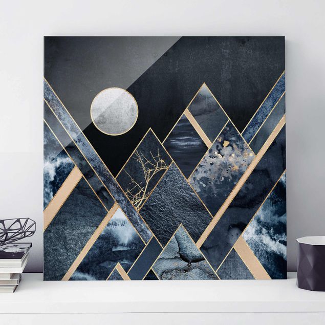 Elisabeth Fredriksson Kunstdrucke Goldener Mond abstrakte schwarze Berge