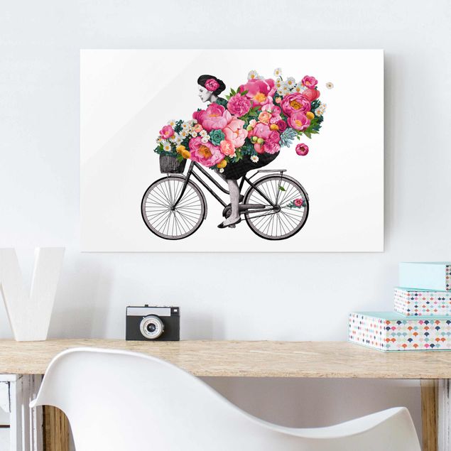 Glasbilder Illustration Frau auf Fahrrad Collage bunte Blumen