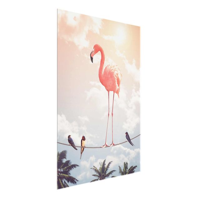 Glasbilder Blumen Motive Himmel mit Flamingo