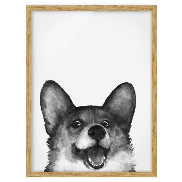 Gerahmte Bilder Tiere Illustration Hund Corgi Weiß Schwarz Malerei