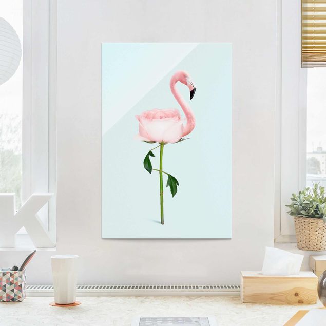 Glasbilder Rosen Flamingo mit Rose
