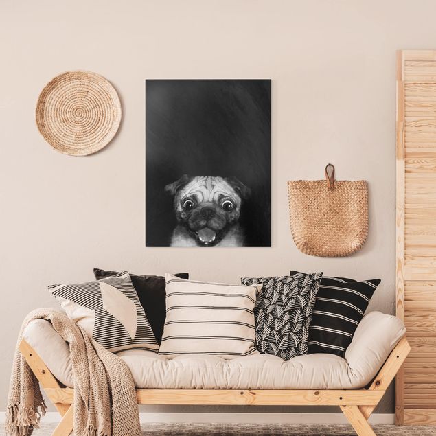 Leinwandbild Katze Illustration Hund Mops Malerei auf Schwarz Weiß