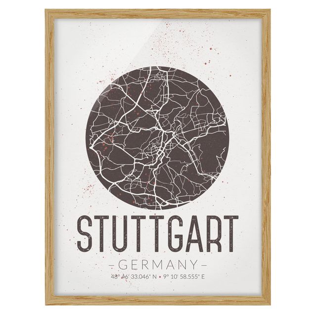 Weltkarten gerahmt Stadtplan Stuttgart - Retro